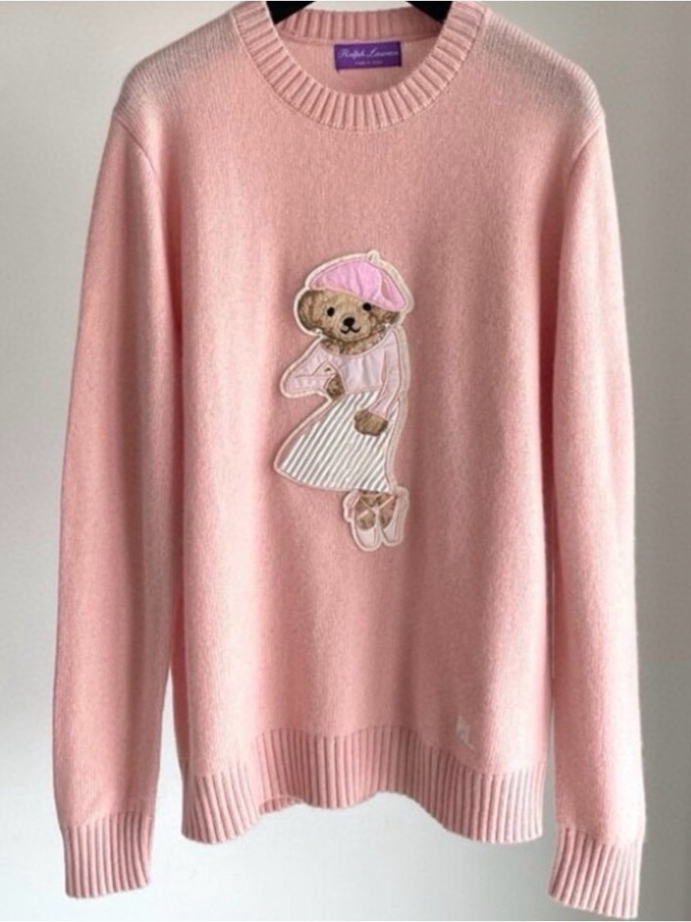 Purple Label Cashmere Ralph Lauren Pink Bear-Applique Crewneck Sweater